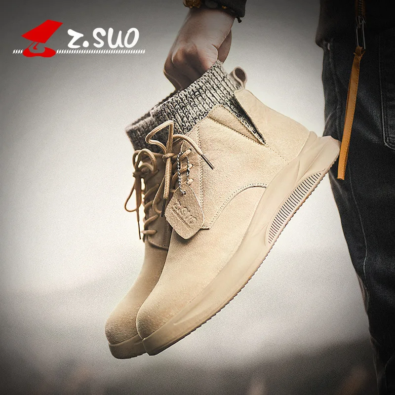 

2019 spring new trend high shoes men's leather stitching casual shoes men's round head knit British shoes