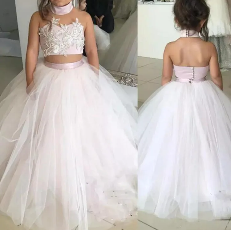 

Lace Flower Girls Dresses Two Pieces Tulle Lovely Little Kids Ankle Length Princess Communion Birthday Gowns