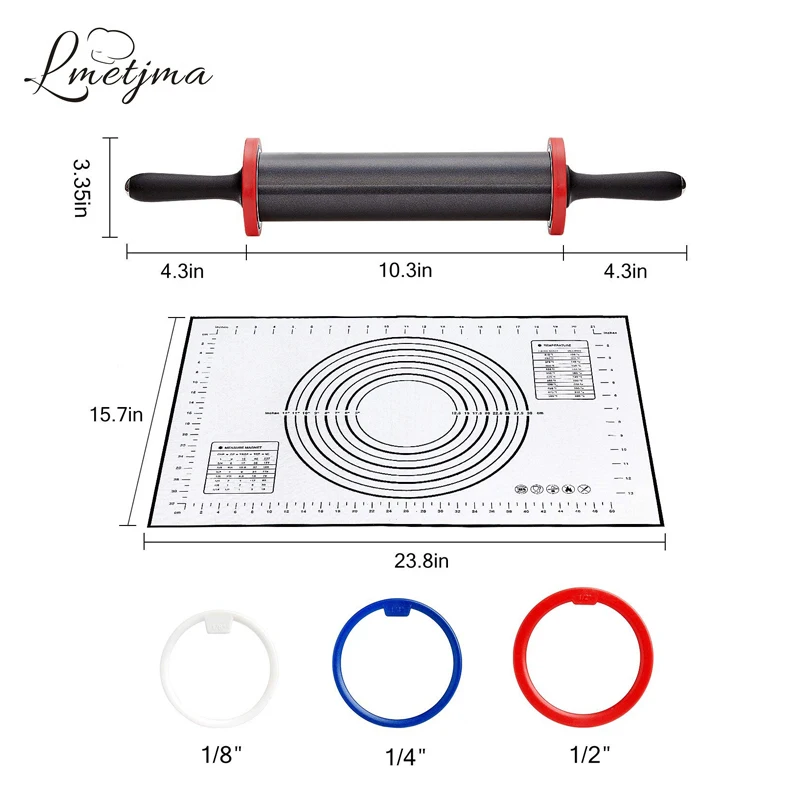 LMETJMA Скалка из нержавеющей стали с толстыми кольцами сверхмощный Регулируемый ролик для теста с силиконовым ковриком для выпечки KC0097