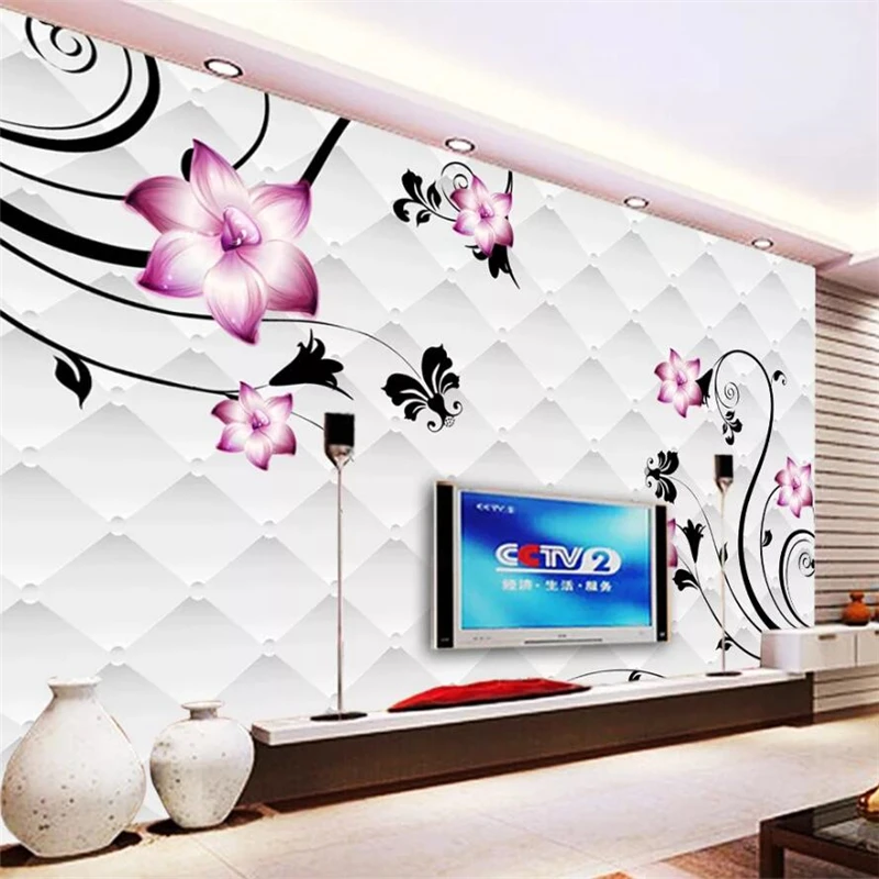 사용자 정의 벽지 3D 보라색 꽃 블루 로즈 반사 상자 TV 배경 벽 스테레오 소프트 패키지 3d 벽지 papel de parede