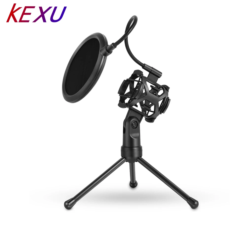

KEXU Mini Microphone Stand Desktop Tripod Recording Microphone Holder with Mic Clip Windscreen Filter Pop Filter for Singing