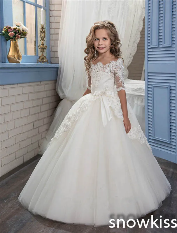 

2019 white/ivory tulle ball gown with lace first communion dress for little girls cap sleeve kids evening party dresses with bow