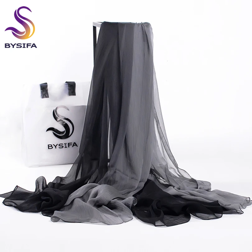 

[BYSIFA] Winter Women Scarves 2017 Brand Solid Gradient Silk Long Scarf Wrap Shawl Bufandas New Grey Black Neck Scarf 190*160cm