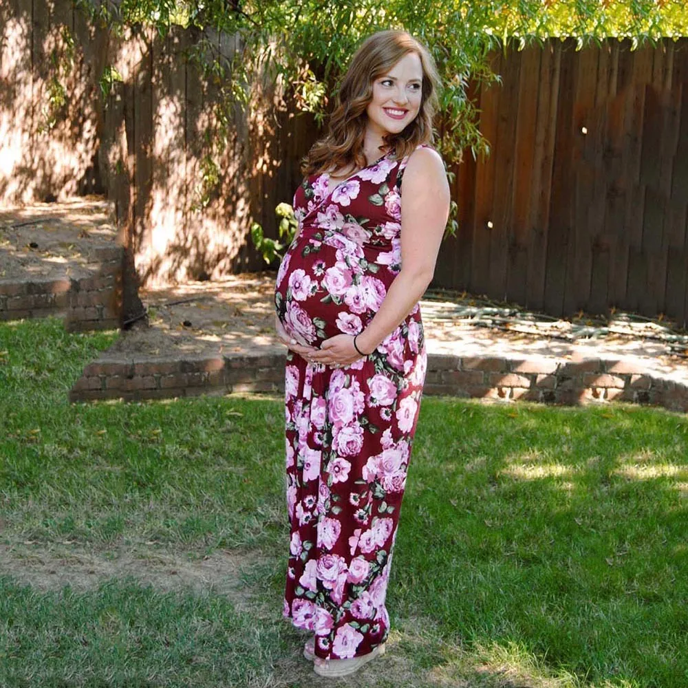 

Maternity Clothes Dress Cotton Pregnancy Dress Nursing Sleeveless Pregnancy Dress Floral Print Maternity Long Dress F509