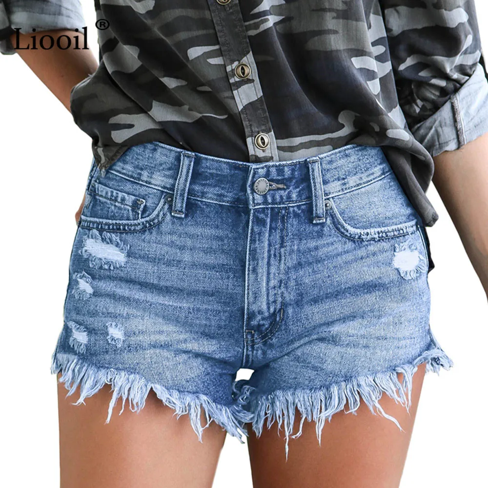 Prix Liooil Denim Shorts grande taille décontracté Skinny 2019 coton taille moyenne mode bouton poches gland femmes Shorts Sexy Jean Shorts