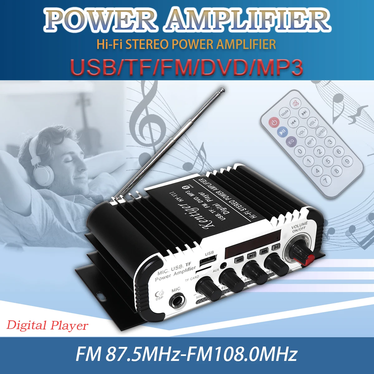 

FM Radio Receiver 2CH HI-FI Bluetooth Car Audio Power Amplifier FM Radio Player SD USB DVD MP3 Input for Car Motorcycle Home