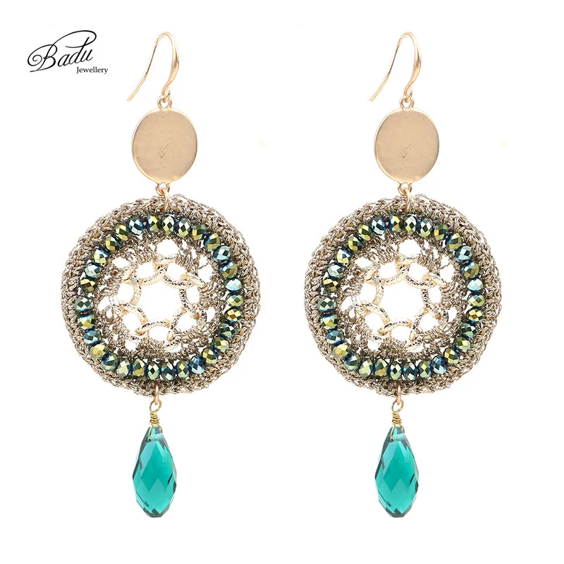 

Badu Handmade Wholesale Round Crochet Teardrop Crystal Natural Stone Pendant Dangle Earrings for Women Fashion Ear Accessories