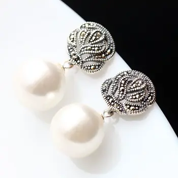 

925 Sterling Silver Jewelry Silver Inlay Earrings hypoallergenic retro pearls Silver Earrings