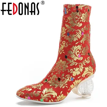 

FEDONAS Autumn Winter New Vintage Print Women Ankle Boots Slip On High Heels Short Boots Party Prom Shoes Woman Chelsea Boots