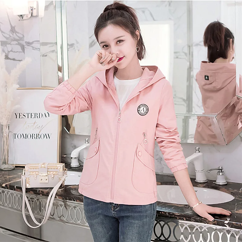 

Spring Autumn Short Windbreaker Women Jacket 2019 Casual Wild Small Tops Cotton Hooded Long Sleeve Slim Thin Female Coats