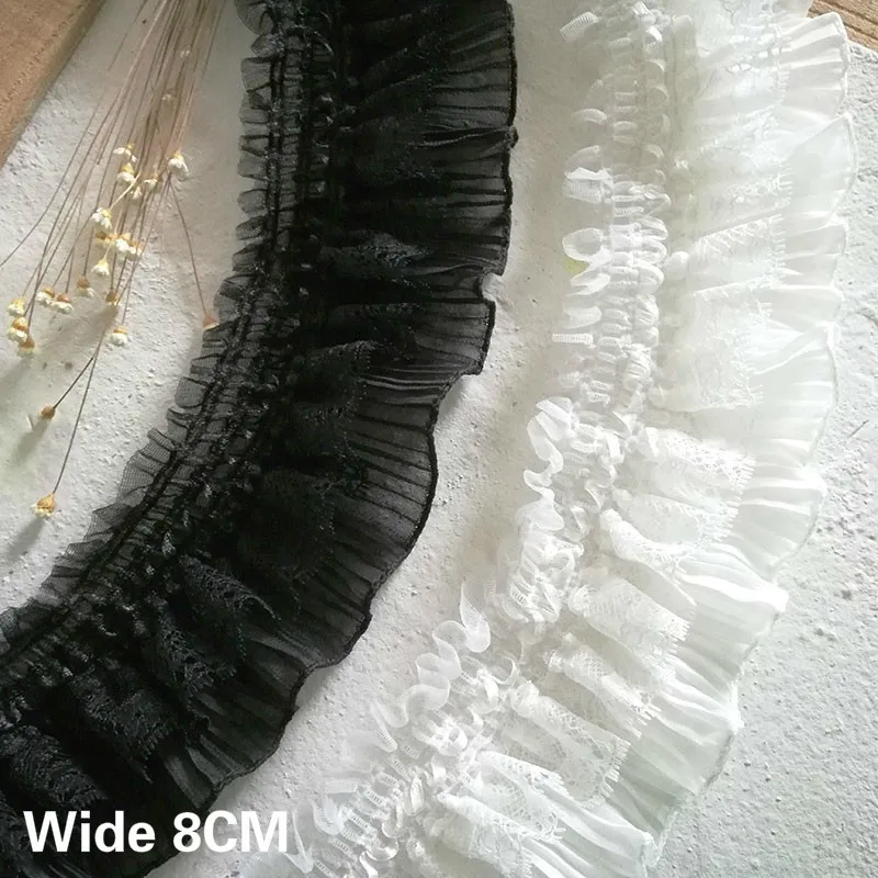 

8CM Wide White Black Elastic Lace Bridal Applique Embroidery Folded Sewing Lace Edge Trim Collar Neckline Decor Sewing Supplies
