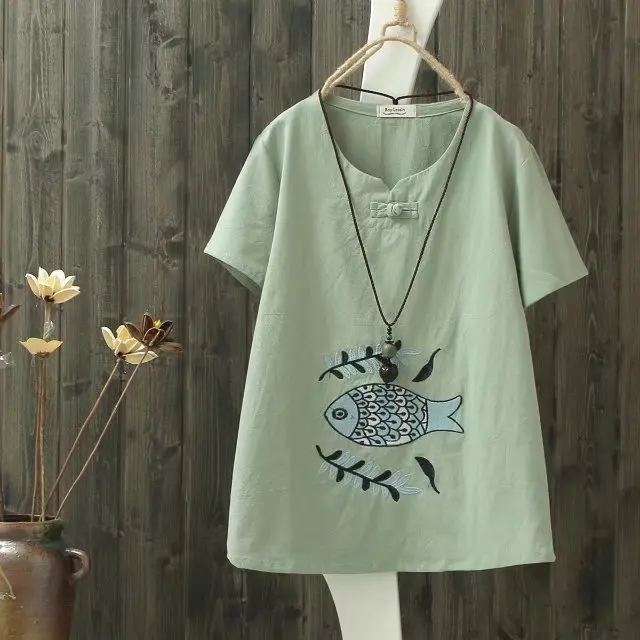 Китайский стиль, хлопковая льняная футболка на одной пуговице, повседневные топы, винтажная Женская летняя футболка с коротким рукавом и изображением стрекозы - Цвет: 3