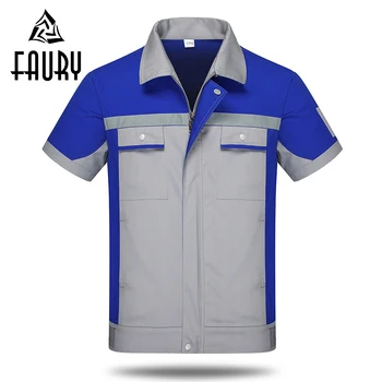 

Unisex Spliced Color Summer Short Sleeve Pocket Notched Work Jackets Long Pants Workshop Engineering Auto Repair Clothes Suit