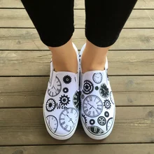 WEN Original Design Custom Clock Time Wheel Gear Hand Painted Shoes Slip on Flats Canvas Sneakers for Boys Girls Birthday Gifts