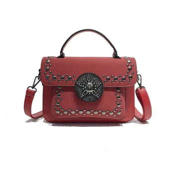

Vintage Small Leather Female Top-handle Bags Rivet Larger Women Shoulder Bags Star Cross body Bag Motorcycle Messenger Bag New
