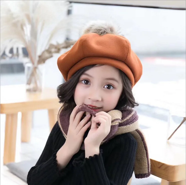 

Soft Winter Fall Children Hat for Kids Girls Beret Wool Hat with Pompom Toddler Girls Beanie Cap