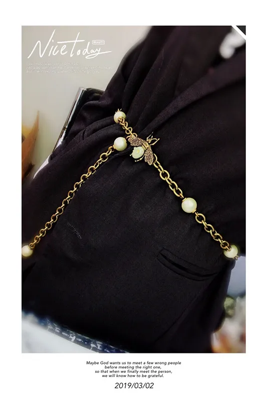 

Fashion party jewelry vintage pearl bee waist chain belt for women vintage famous brand antique bee necklace sweater chain