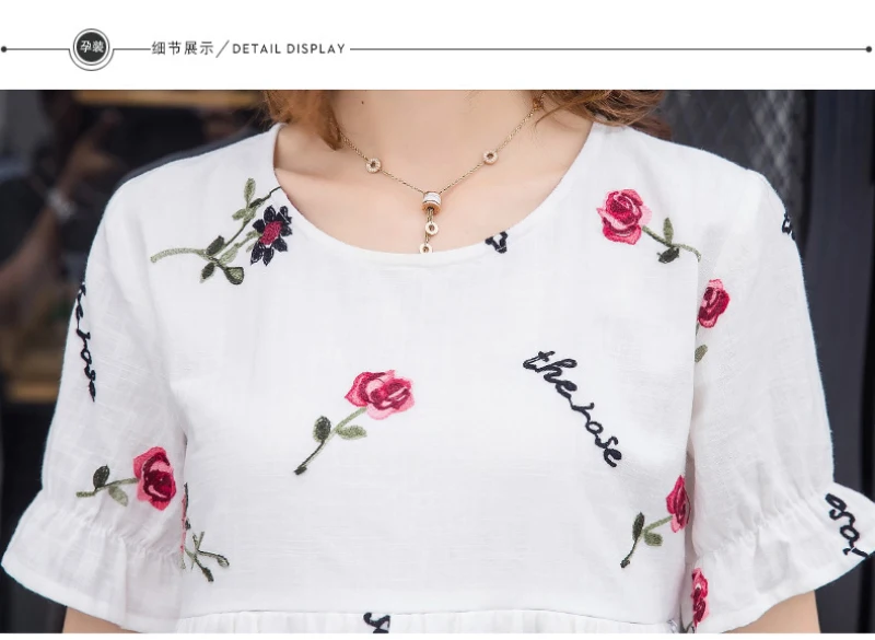 Cotton Pregnant Women Breastfeeding Clothes Summer Embroidery Nursing Dress High Waist Short Sleeve White Maternity Dresses (5)