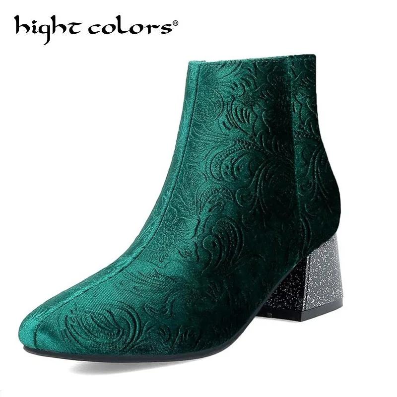 

2019 Spring Elegant High Heel Ankle Boots Women Luxury Brand Square Toe Boots Women Embroidery Haft Short Botas big Size 32-43
