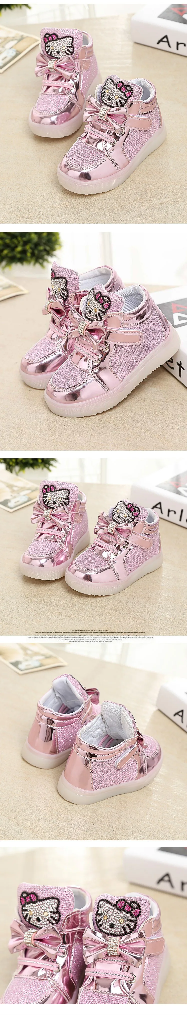 LED Glowing Baby Girls Fashion Short Boots Hello Kitty Top Quality Princess Soft Sports Shoes Non-Slip Sneakers Comfortable