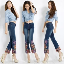 Лидер продаж, женские брюки с высокой талией, украшенные бисером, с красивой цветочной вышивкой, обтягивающие джинсы, женские расклешенные брюки, уличная одежда размера плюс 36