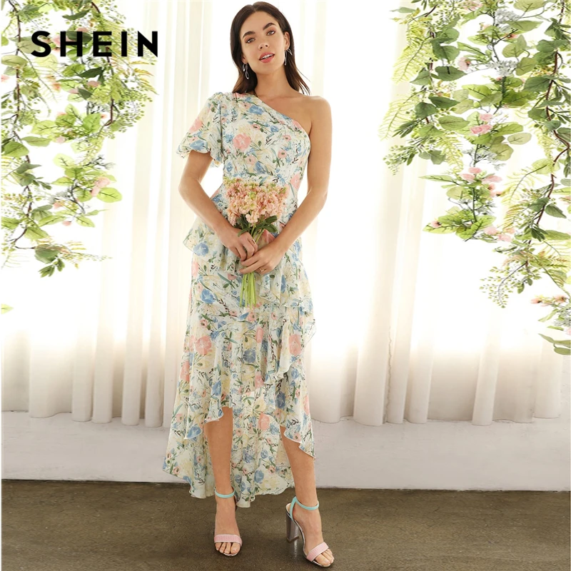 SHEIN Асимметричное Платье С Оборкой И Цветочным Принтом Гламурное Асимметричное Платье С Рюшами Цветочные Платья С Одним Плечом