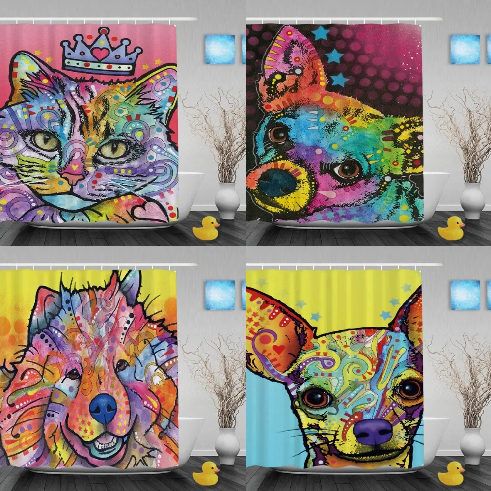 Custom Pet Cat Shower Curtains Colorful Art Animals Decorative Bathroom