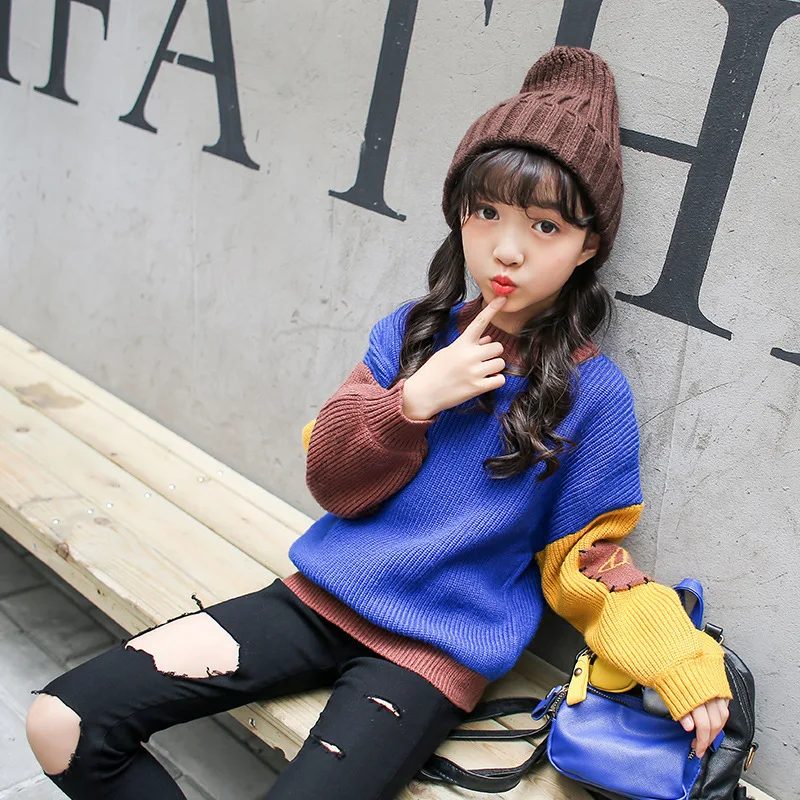 

Children's Girl Thickness Sweater Autumn And Winter Double Split Sleeve Patch Pullover Spelling Color Knitting Kids Clothing