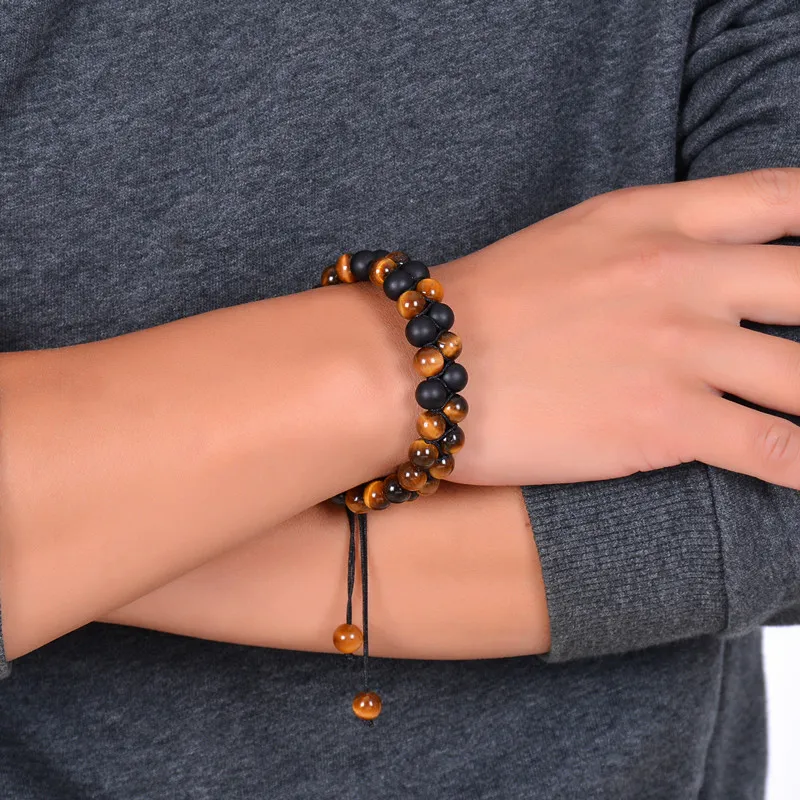 

HIYONG Lastest Charm Bracelet Men Unisex Bracelet Stone Luxury Jewelry Double-Deck Beads Bracelets Women 2019 Tiger Eye 7.5 inch