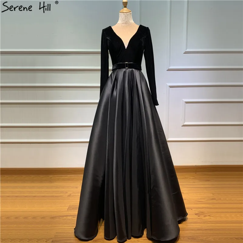 Черные бархатные сексуальные вечерние платья с глубоким v-образным вырезом, простые бордовые вечерние платья с длинными рукавами Serene hilm BLA60706