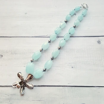 

Lii Ji Natural Stone Aquamarine Necklace 925 Sterling Silver Big Flower Pendant Necklace 52cm Fine Women Jewelry
