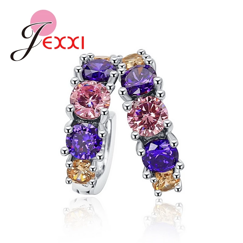 

JEXXI Luxury 925 Sterling Silver Round Circle Pink CZ Cubic Zirconia Hoop Earrings Brincos Piercing Ear Accessories