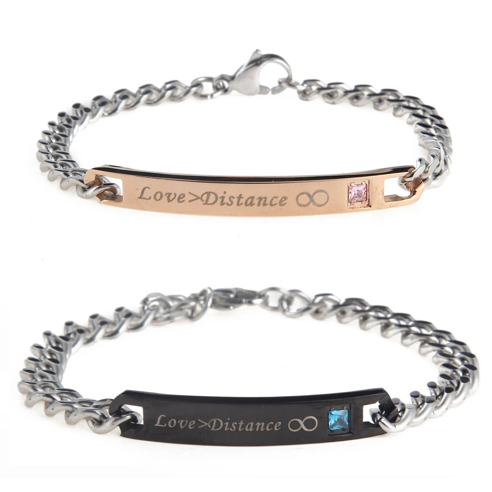 High Quality Couple Bracelet Carved His Angel& Her Demon & Love> Distance Inlay Crystal Stainless Steel Bangle Jewelry