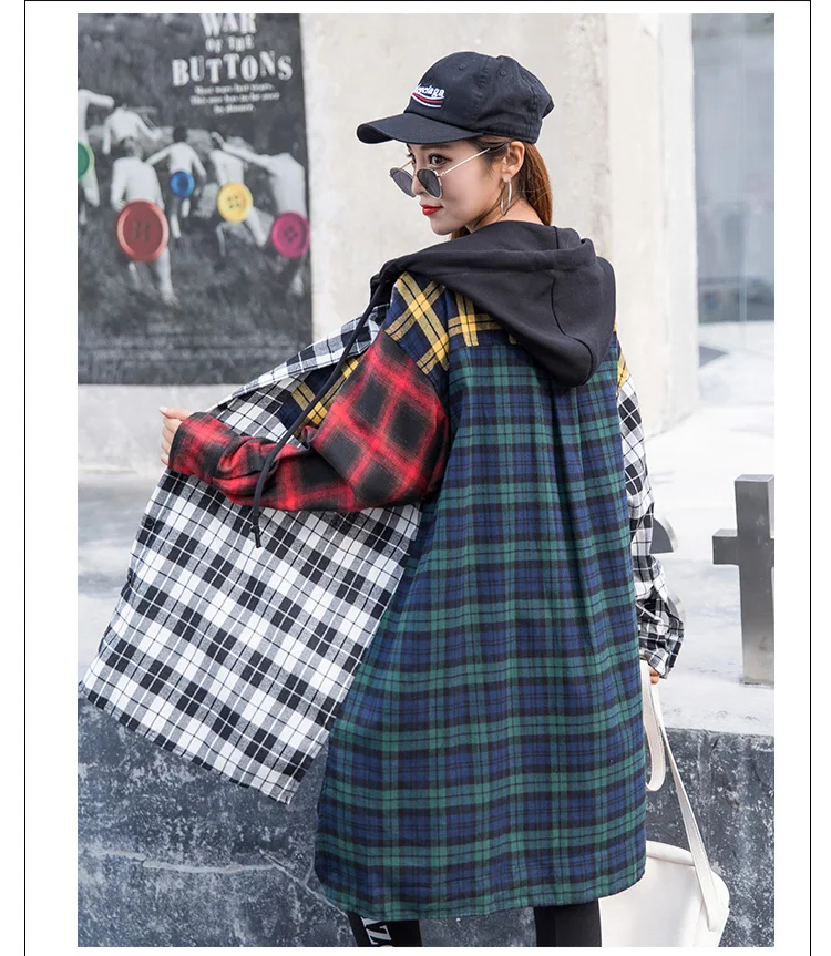 Cheersolo Осенняя клетчатая негабаритная куртка женская шотландская Лоскутная длинная куртка с капюшоном и пальто свободная Корейская куртка одежда