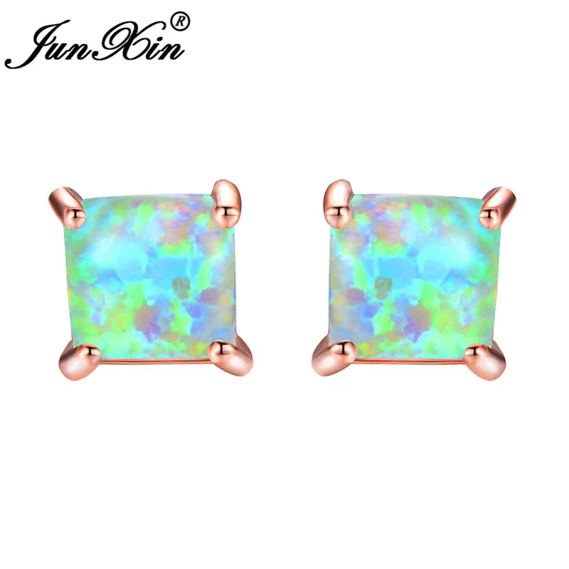 JUNXIN Princess Cut Crystal Square Stud Earrings For Women Men White Gold Rose Gold Color Black CZ White Blue Fire Opal Earrings