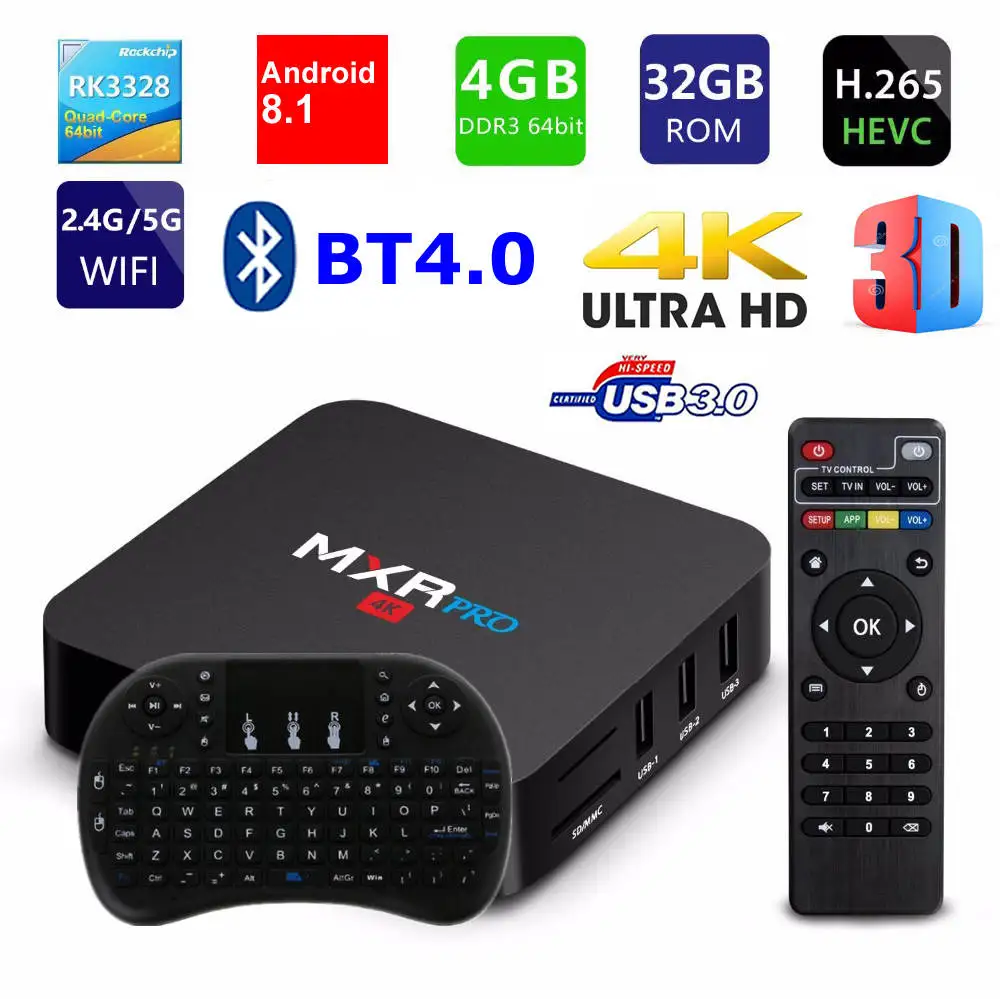 

MXR PRO Smart TV BOX Android 8.1 RK3328 Quad Core 4G Ram 32G Rom 2.4G 5G Dual WIFI BT4.0 USB 3.0 3D 4K HDR H265 TV Set-top Box