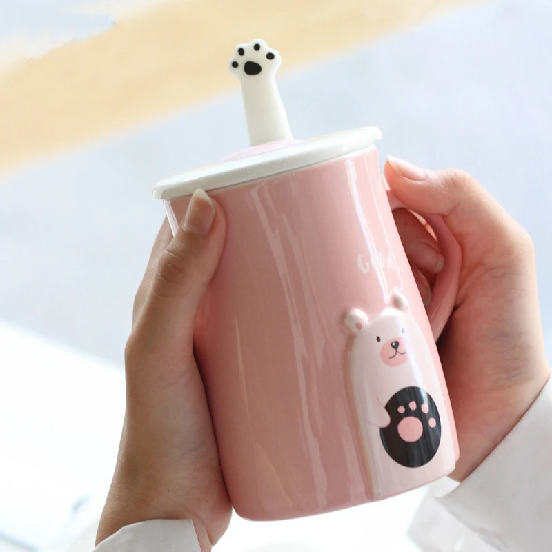 2.4Cute cartoon bear mug embossed ceramic mug with lid and spoon creative office water animal cup couple mug milk coffee cup gift