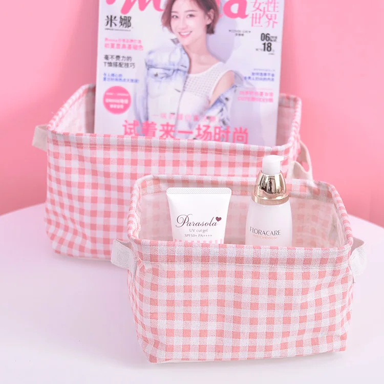

Unikiwi Desktop Girl Cute Pink Plaid Home Cotton Linen Basket Cosmetic Sundry Storage Basket.G-0041
