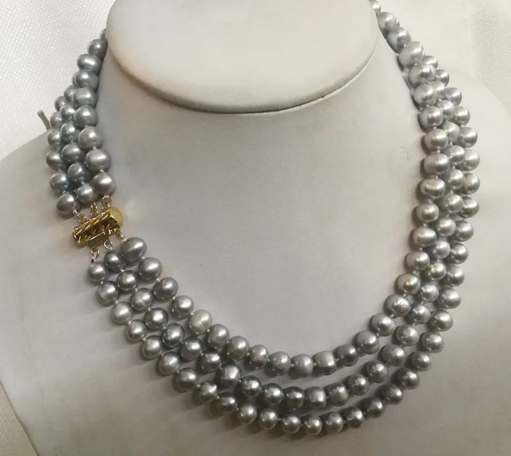 Women Jewelry 3 rows necklace 8x9mm bright gray pearl handmade Real
