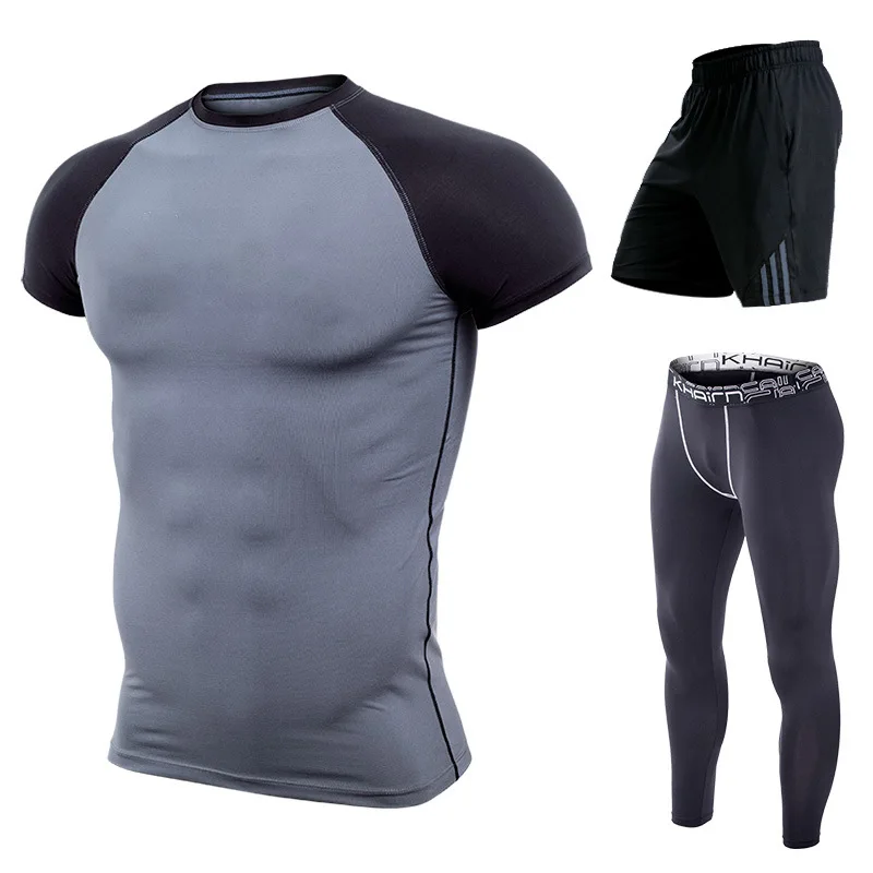 

Hombres Compression Sets Base Layer pantalones entrenamiento Fitness Bodybuilding Tracksuit Manga Short sleeve trajes rashgard
