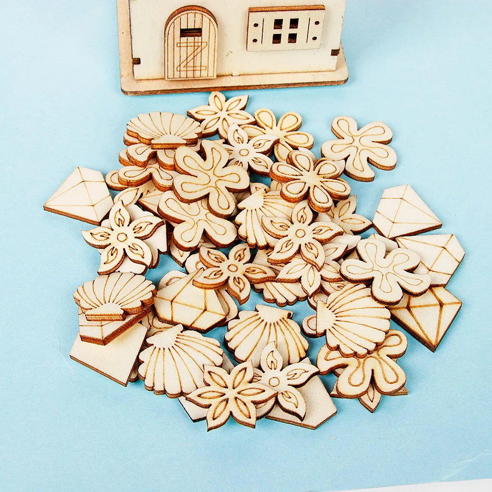 

50pcs/set Nature Wooden Scrapbooking Art Collection Craft Carved Shell Flower for Handmade Accessory Sewing Home Decoration