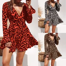 2019 estilo quente europa e os estados unidos vestido sexy com decote em v leopardo de mangas compridas chiffon