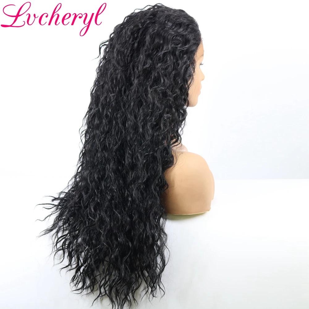 Lvcheryl черный цвет кудрявый синтетический парик фронта шнурка 180% тяжелые плотность термостойкие волокна парики с длинными кудрявыми волосами для женщин