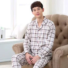 Autumn Mens Knitted Cotton Pajama Sets Full Sleeve Pyjamas Round Neck Sleepwear Casual Sleep Lounge Plaid Pyjamas men 037
