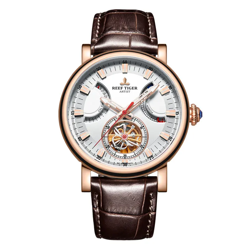 Риф Тигр/RT автоматические часы для мужчин белый циферблат кожаный ремешок часы с датой день RGA1950 - Цвет: RGA1950-PWW