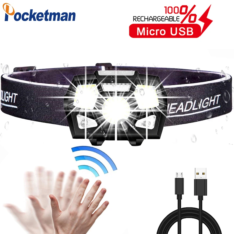 

5000 Lumen LED Headlamp Motion Sensor Ultra Bright Hard Hat Head Lamp Powerful Headlight USB Rechargeable Waterproof Flashlight