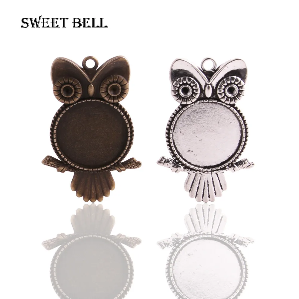 

Sweet Bell (8 pieces/lot) Antique Bronze Metal owl 36*55mm (Fit 25mm) Round Cabochon Pendant Setting Vintage Blank Charms 6B979