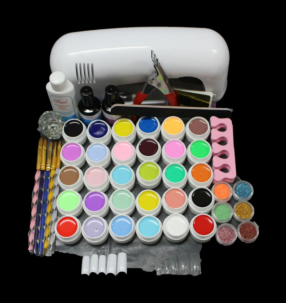 

EM-84 Free Shipping PRO 9W UV White Lamp 36 Color Pure UV GEL Powder Acrylic Brush Nail Art Tool KIT