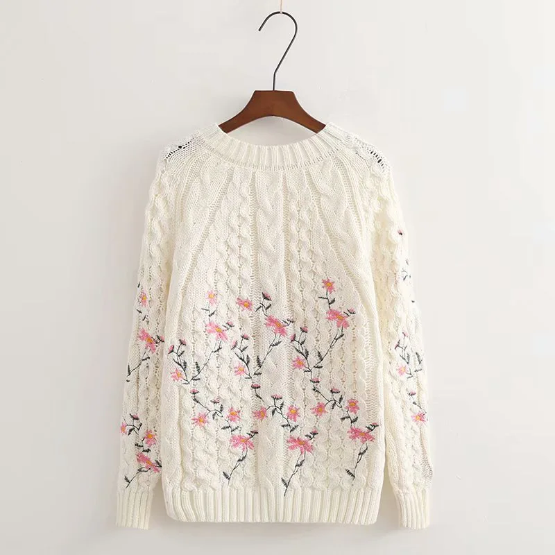 

2019 Sweet floral embroidery twisted pullover sweater 54286