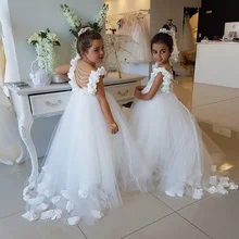 Милые белые платья с цветочным узором для девочек платье для первого причастия кружевные фатиновые платья принцессы с оборками и открытой спиной для дня рождения